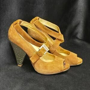 Michael Kors Brown Leather Peep Toe Ankle Strap Gold Cone High Heel Shoe